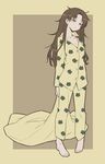  alternate_hairstyle animal_print barefoot blue_eyes blush brown_hair cat_print collarbone eyebrows eyebrows_visible_through_hair fate/stay_night fate_(series) full_body hair_down head_tilt kazuma_muramasa long_hair messy_hair pajamas pigeon-toed print_pajamas sleepy solo standing toosaka_rin 