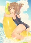  :o ass banana_boat bare_legs bare_shoulders barefoot black_swimsuit blush breasts brown_eyes brown_hair day folded_ponytail from_behind inazuma_(kantai_collection) kantai_collection looking_at_viewer looking_back object_hug ocean one-piece_swimsuit open_mouth outdoors school_swimsuit short_hair sideboob small_breasts solo splashing suzuho_hotaru swimsuit water 