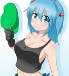  armpits bad_id bad_pixiv_id bare_shoulders black_gloves blue_eyes blue_hair blush breasts cleavage collarbone commentary_request frown gloves green_hat groin hair_bobbles hair_ornament hat hat_removed headwear_removed holding holding_hat katsumi5o kawashiro_nitori large_breasts looking_at_viewer short_hair sideboob solo strap_slip tank_top touhou two_side_up upper_body 