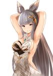  absurdres animal_ears armpits arms_behind_head arms_up bad_id bad_twitter_id bare_shoulders blue_eyes breasts erune granblue_fantasy hair_ornament highres korwa large_breasts sideboob silver_hair solo yatsuka_(846) 