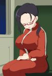  aaa_(nisetsuru) black_hair blush breasts demi-chan_wa_kataritai eyes_closed glasses ground_vehicle hair_over_shoulder hands_together highres indoors jacket large_breasts legs legs_together long_hair parted_lips red-framed_eyewear red_clothes satou_sakie semi-rimless_eyewear sitting solo thighs track_jacket track_suit train train_interior 