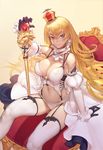  arm_support ass_visible_through_thighs bare_shoulders black_gloves blonde_hair blue_eyes breasts cleavage covered_nipples cross-laced_clothes crown detached_collar detached_sleeves drill_hair frills garter_straps gloves heiyz highres large_breasts lion_(zhan_jian_shao_nyu) long_hair looking_at_viewer navel puffy_sleeves scepter sitting smile solo stomach thighhighs throne white_legwear zhan_jian_shao_nyu 