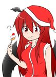  :3 :t ? alternate_costume bad_id bad_pixiv_id bare_shoulders blush cake commentary_request demon_girl demon_wings eating food food_on_face fork hat head_wings katsumi5o koakuma long_hair looking_at_viewer red_eyes red_hair red_shirt santa_costume santa_hat shirt shortcake sidelocks simple_background sleeveless sleeveless_shirt solo strawberry_shortcake touhou upper_body white_background wings 