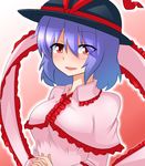  bad_id bad_pixiv_id black_hat blue_hair blush bow breasts capelet commentary_request frills hagoromo hands_clasped hat hat_bow hat_ribbon katsumi5o large_breasts long_sleeves looking_at_viewer nagae_iku own_hands_together parted_lips purple_hair red_eyes ribbon shawl smile solo touhou upper_body 