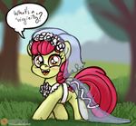  apple_bloom_(mlp) clothing dress friendship_is_magic looking_at_viewer my_little_pony nature outside patreon sketch smudge_proof solo sweet_apple_acres text veil wedding_dress 