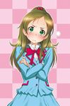  3: aria_gakuen_school_uniform bow bowtie brown_hair checkered checkered_background crossed_arms green_eyes hair_bobbles hair_ornament kazuma_muramasa minamino_kanade pink_background ponytail precure red_bow red_neckwear solo suite_precure sweatdrop v-shaped_eyebrows 