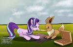  2016 crossover earth_pony eevee equine female fight food friendship_is_magic glaring horse mammal my_little_pony nintendo pizza pok&eacute;mon pony starlight_glimmer_(mlp) text tug_of_war unknown_artist video_games 