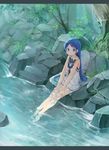  bangs bare_arms blue_eyes blue_hair blush eyebrows forest full_body hands_on_legs hands_on_own_thighs jewelry kantai_collection letterboxed long_hair looking_at_viewer nature neckerchief no_gloves oge_(ogeogeoge) outdoors ring river rock samidare_(kantai_collection) school_uniform serafuku sitting skirt sleeveless smile soaking_feet solo tree very_long_hair wedding_band white_skirt 