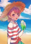  androgynous beach blush cloud dinn_(db317) drink glass hat highres king_of_prism_by_prettyrhythm looking_at_viewer male_focus midriff navel open_mouth otoko_no_ko outdoors pink_eyes pink_hair pretty_rhythm saionji_reo sky smile solo straw straw_hat sun_hat trap water 