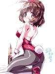  akiyama_yukari animal_ears ass brown_eyes brown_hair bunny_ears bunny_tail bunnysuit dated detached_collar girls_und_panzer looking_back miuku_(marine_sapphire) pantyhose short_hair solo tail tank_shell wrist_cuffs 