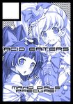  asahina_mirai black_border blue blush border bow chestnut_mouth circle_cut cure_magical cure_miracle gloves hair_bow hairband hat injury izayoi_liko kazuma_muramasa long_hair magical_girl mahou_girls_precure! mini_hat mini_witch_hat monochrome multiple_girls open_mouth parted_lips precure witch_hat 