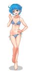  :d barefoot bikini blue_eyes blue_hair blush_stickers breasts cleavage feet_together front-tie_top full_body hand_on_hip kazuma_muramasa leg_up long_legs medium_breasts navel nishijima_waon open_mouth precure short_hair side-tie_bikini simple_background smile solo standing striped striped_bikini suite_precure swimsuit white_background 