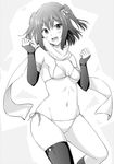  :d bangs bikini breasts clenched_hands collarbone gauntlets greyscale hair_ornament highres kantai_collection monochrome open_mouth remodel_(kantai_collection) scarf sendai_(kantai_collection) short_hair side-tie_bikini single_thighhigh small_breasts smile solo swimsuit thighhighs two_side_up yuuki_kazuhito 