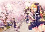  :o ;d arm_holding black_hair black_legwear black_shirt black_skirt blonde_hair blue_eyes brown_eyes cherry_blossoms day formal glasses hand_on_another's_arm highres holding_hands kneehighs long_hair looking_at_viewer multiple_girls nametakenoko one_eye_closed open_mouth original outdoors pencil_skirt pleated_skirt shirt short_hair skirt skirt_suit smile suit tree white_legwear 