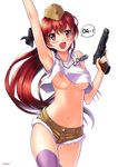  :d arm_up bare_arms bare_shoulders blue_legwear blush breasts brown_hat brown_shorts buttons collarbone cutoffs eyebrows eyebrows_visible_through_hair garrison_cap gun hammer_and_sickle hat highres holding holding_gun holding_weapon large_breasts long_hair mismatched_legwear navel nipples no_bra number10_(hagakure) open_mouth original purple_legwear red_eyes red_hair shirt short_shorts shorts simple_background sleeveless smile solo stomach tank_top thighhighs very_long_hair weapon white_background white_shirt 