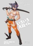  belt black_footwear black_gloves boots bulge commentary condom_wrapper eyepatch full_body genderswap genderswap_(ftm) gloves grey_background hair_between_eyes headgear holding holding_sword holding_weapon hooters kantai_collection knee_boots male_focus mikoyan money money_hold muscle navel orange_legwear over_shoulder parody partly_fingerless_gloves purple_hair sheath sheathed simple_background solo standing stomach sword tenryuu_(kantai_collection) thighhighs translated weapon yellow_eyes 