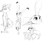  anthro black_and_white blush canine clothed clothing disney dotkwa dress eyewear female fox half-closed_eyes judy_hopps lagomorph male mammal monochrome nick_wilde nude rabbit simple_background sitting sketch sketch_page sofa standing sunglasses zootopia 