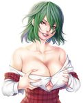  asashin_(kazami-tomo) bare_shoulders breast_hold breasts cleavage collarbone covered_nipples grabbing green_hair grin hair_between_eyes highres kazami_yuuka large_breasts lips looking_at_viewer off_shoulder plaid red_eyes short_hair simple_background smile solo teeth touhou underbust upper_body white_background 