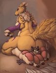  anthro big_butt blue_eyes butt butt_crush canine chest_tuft digimon female fox macro male mammal micro nude paws renamon simple_background sitting size_difference smaller_male teaselbone toes tongue tuft wolf 