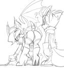  2_tails big_breasts bigdad breasts canine chiropteran clothing female fox hair hair_over_eye high_heeled_boots looking_back maid_uniform male mammal miles_prower monochrome multi_tail open_mouth presenting rouge_the_bat sonic_(series) uniform wings 