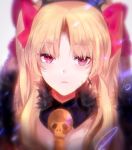  1girl bangs black_collar blonde_hair blurry blurry_background bow closed_mouth collar depth_of_field ereshkigal_(fate/grand_order) eyebrows_visible_through_hair fate/grand_order fate_(series) fur_trim grey_background hair_bow highres light_frown long_hair looking_at_viewer parted_bangs pekerika red_bow red_eyes skull solo tiara two_side_up upper_body wing_collar 