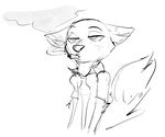  anthro black_and_white canine cigarette clothed clothing disney dotkwa fox half-closed_eyes male mammal monochrome nick_wilde simple_background sketch smoking solo zootopia 