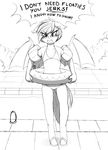  anthro anthrofied bat_pony bat_wings blush dialogue english_text fan_character fangs female floatie floaties membranous_wings monochrome my_little_pony nolegs_(oc) replica_(artist) solo swimming_pool text wings 