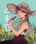  blue_hair food gunni hat long_hair open_mouth original popsicle solo straw_hat watermelon_bar 