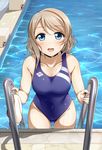  :d blue_eyes blush breasts brown_hair collarbone competition_swimsuit covered_navel eyebrows eyebrows_visible_through_hair looking_at_viewer love_live! love_live!_sunshine!! medium_breasts one-piece_swimsuit open_mouth pool pool_ladder poolside smile solo suzume_miku swimsuit teeth wading watanabe_you water wet 
