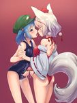  after_kiss alternate_costume animal_ears ass bar_censor bare_arms bare_shoulders blue_eyes blue_hair blue_swimsuit blush breasts censored collarbone cowboy_shot cum cumdrip detached_sleeves ejaculation eye_contact eyebrows eyebrows_visible_through_hair futa_with_futa futanari green_hat hair_bobbles hair_ornament hat highres holding_hands interlocked_fingers inubashiri_momiji kawashiro_nitori long_sleeves looking_at_another medium_breasts multiple_girls multiple_penises old_school_swimsuit one-piece_swimsuit penis penises_touching profile red_eyes red_hat red_ribbon red_swimsuit ribbon ribbon-trimmed_sleeves ribbon_trim saliva saliva_trail school_swimsuit shiya short_hair silver_hair small_breasts standing swimsuit tail thighs tokin_hat touhou wide_sleeves wolf_ears wolf_tail 
