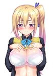  black_shirt blonde_hair blue_bow blue_neckwear blush bow bowtie bra breast_suppress breasts cleavage closed_mouth clothes_lift collared_shirt gradient_hair hands_on_own_chest kawakami_mai large_breasts lingerie long_hair long_sleeves multicolored_hair musaigen_no_phantom_world open_clothes open_shirt pink_hair ponytail purple_eyes rohgun shirt smile solo sweater sweater_lift sweater_vest underwear upper_body white_bra wing_collar 
