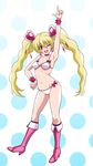  ;d arm_up bikini blonde_hair boots breasts choker cure_peach eyebrows eyebrows_visible_through_hair fresh_precure! hair_ornament hand_on_hip heart heart_hair_ornament highres index_finger_raised inferno_(nanbu14) long_hair medium_breasts momozono_love one_eye_closed open_mouth pink_choker pink_eyes precure smile solo swimsuit twintails white_bikini 