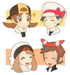  2girls ^_^ backwards_hat baseball_cap black_hair brown_hair cabbie_hat closed_eyes gojya gold_(pokemon) hair_ribbon haruka_(pokemon) hat hat_ribbon headwear_switch kotone_(pokemon) laughing long_hair multiple_boys multiple_girls pokemon pokemon_(game) pokemon_hgss pokemon_oras ribbon short_hair smile sparkle sweatdrop tan twintails yuuki_(pokemon) 