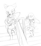  anthro black_and_white canine clothed clothing disney dotkwa duo female fox gun half-closed_eyes judy_hopps lagomorph looking_at_viewer male mammal monochrome nick_wilde police_uniform rabbit ranged_weapon shotgun simple_background sketch stairs uniform weapon zootopia 