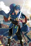  armor blue_eyes blue_hair cape fingerless_gloves fire_emblem fire_emblem:_monshou_no_nazo fire_emblem_cipher gloves highres jewelry kozaki_yuusuke looking_at_viewer male_focus marth official_art serious short_sleeves solo sword tiara weapon 