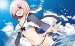 :d bikini black-framed_eyewear breasts fate/grand_order fate_(series) glasses hair_over_one_eye highres jacket looking_at_viewer mash_kyrielight medium_breasts navel nk open_mouth pink_hair purple_eyes sho smile solo swimsuit wading water white_bikini 