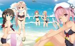  :d ;) ahoge ball beach beachball bikini bikini_skirt black_bikini black_ribbon blonde_hair braid breasts brown_eyes brown_hair day hair_flaps hair_ornament hair_ribbon hairband hand_on_thigh harusame_(kantai_collection) innertube kantai_collection leaning_forward light_brown_hair looking_at_another looking_at_viewer maccha medium_breasts midriff multiple_girls murasame_(kantai_collection) ocean one_eye_closed open_mouth outdoors outstretched_arms pink_hair red_eyes red_hairband remodel_(kantai_collection) ribbon sailor_bikini sailor_collar sandals scarf shigure_(kantai_collection) shiratsuyu_(kantai_collection) short_hair short_twintails side_ponytail single_braid smile standing standing_on_liquid swimsuit tan twintails wading water white_scarf yuudachi_(kantai_collection) 