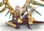  absurdres anus armor ass blonde_hair blonde_pubic_hair blue_eyes blush breasts censored clothed_sex crossover exaxuxer full_body greaves hair_between_eyes heavy_breathing highres kayle labia large_breasts league_of_legends lips long_hair mechanical_halo mechanical_wings mercy_(overwatch) mosaic_censoring multiple_girls no_panties object_insertion overwatch pantyhose power_connection pubic_hair pussy smile spread_legs spread_pussy torn_clothes torn_legwear vaginal vaginal_object_insertion wings yuri 