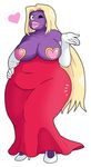  &lt;3 1girl blonde_hair breasts dress elbow_gloves fat gloves high_heels jynx large_breasts lips looking_at_viewer pasties pokemon purple_skin thick_lips topless wide_hips winking 