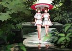  barefoot breasts brown_eyes brown_hair day dress feng_you flower foot_dangle green_eyes hair_flower hair_ornament holding holding_umbrella long_hair luo_tianyi multiple_girls nature oriental_umbrella outdoors rain shared_umbrella short_hair sitting small_breasts smile stream umbrella vocaloid vocanese yuezheng_ling 