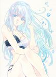  agahari bikini blue_eyes blue_hair breasts cleavage hand_in_hair highres long_hair medium_breasts original solo swimsuit water 