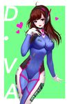  acronym ahoge animal_print bangs bodysuit boots bracer breasts brown_eyes brown_hair bunny_print character_name cowboy_shot d.va_(overwatch) emblem facepaint facial_mark gloves hand_on_own_chest hand_up headphones heart large_breasts legs_together lipstick logo long_hair long_sleeves looking_at_viewer makeup md5_mismatch open_mouth overwatch pauldrons phonic pilot_suit pink_lips pink_lipstick ribbed_bodysuit shoulder_pads skin_tight smile solo thigh_boots thigh_gap thigh_strap thighhighs turtleneck whisker_markings white_footwear white_gloves 