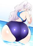  ass back breasts competition_swimsuit highres idolmaster idolmaster_(classic) jabara_tornado large_breasts long_hair looking_at_viewer looking_back one-piece_swimsuit ponytail pool purple_eyes shijou_takane silver_hair solo swimsuit water 