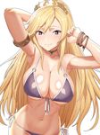  armlet armpits bikini black_bikini blonde_hair blush breasts bright_pupils cleavage front-tie_top large_breasts long_hair navel purple_eyes side-tie_bikini simple_background smile solo swimsuit tenchisouha tiara white_background wristband 