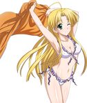  ahoge asia_argento bikini blonde_hair breasts cleavage covered_nipples extraction frilled_bikini frills green_eyes high_school_dxd highres long_hair looking_at_viewer medium_breasts navel one_eye_closed solo swimsuit transparent_background white_bikini 