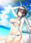  arm_up arms_up ascot bare_shoulders beach beret bikini black_hair blush breasts cleavage cloud day detached_collar front-tie_bikini front-tie_top gloves hat highres kantai_collection kyra large_breasts looking_at_viewer lu_hpink navel ocean outdoors palm_tree red_eyes short_hair sky solo swimsuit takao_(kantai_collection) tree underboob white_bikini white_gloves 
