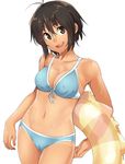  bikini black_eyes black_hair breasts cameltoe cleavage covered_nipples idolmaster idolmaster_(classic) innertube kikuchi_makoto medium_breasts short_hair solo standing swimsuit tan tanline wet wet_clothes wet_swimsuit yamayoshi_tanosuke 