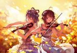  ahoge bare_shoulders braid breasts closed_eyes collarbone dress feng_you flower flower_wreath hair_flower hair_ornament head_wreath instrument long_hair luo_tianyi multiple_girls music petals playing_instrument single_braid small_breasts violin vocaloid vocanese yuezheng_ling 