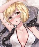  arm_on_head arm_up assassin_(granblue_fantasy) bangs blonde_hair blush breasts collarbone covered_nipples djeeta_(granblue_fantasy) eyebrows eyebrows_visible_through_hair frown granblue_fantasy hood lying medium_breasts midriff nose_blush on_back open_mouth short_hair solo sumiya_akihiro yellow_eyes 