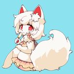  alternate_form anthro anzgarbage blue_background clothing concon-collector female food fur hair inner_ear_fluff looking_at_viewer popsicle red_eyes shortcake_fox simple_background solo sweat swimsuit white_fur white_hair young 
